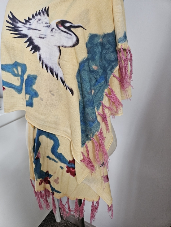 VTG LUCKY BRAND Yellow Abstract Bird Floral Pattern Fringe Scarf / Wrap | SZ 71 - Picture 4 of 6